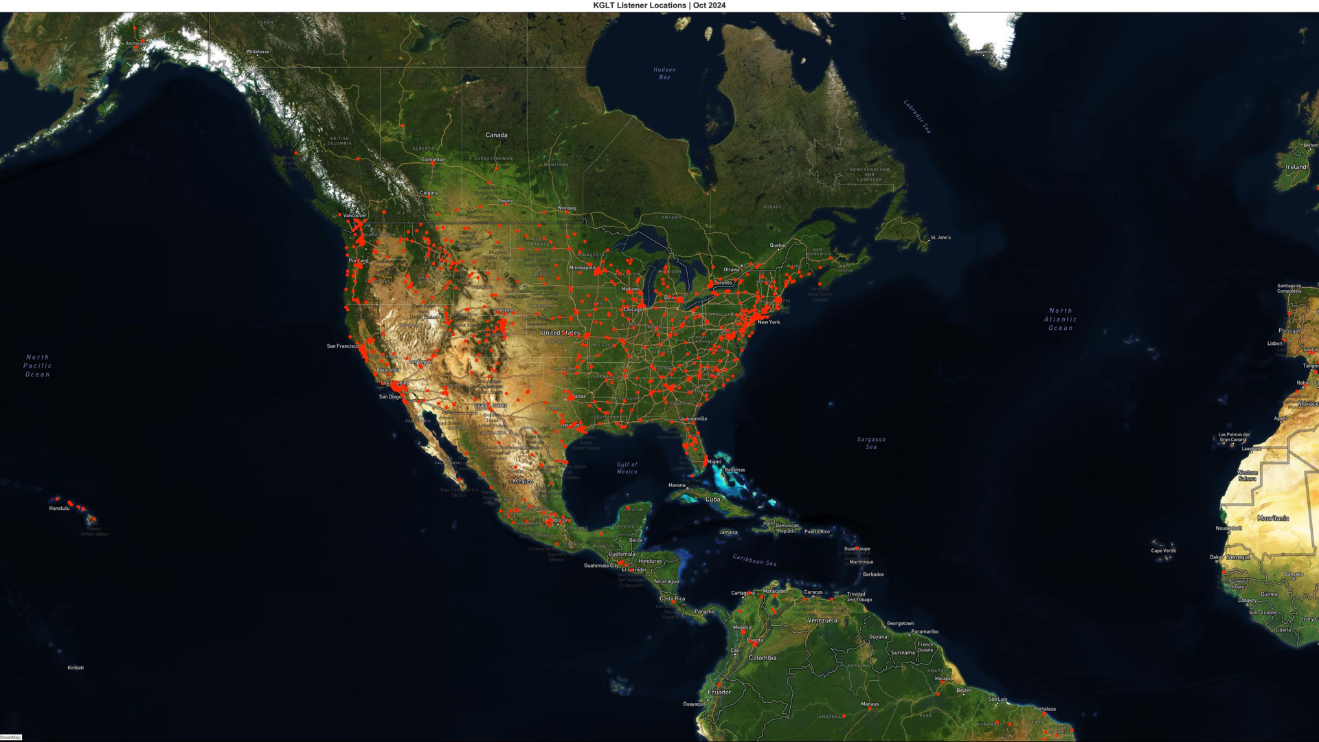 Map of online listener locations around the world