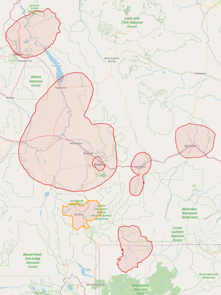 KGLT coverage map, shwoing the broadcast signal in our Southwest Montana listening areas