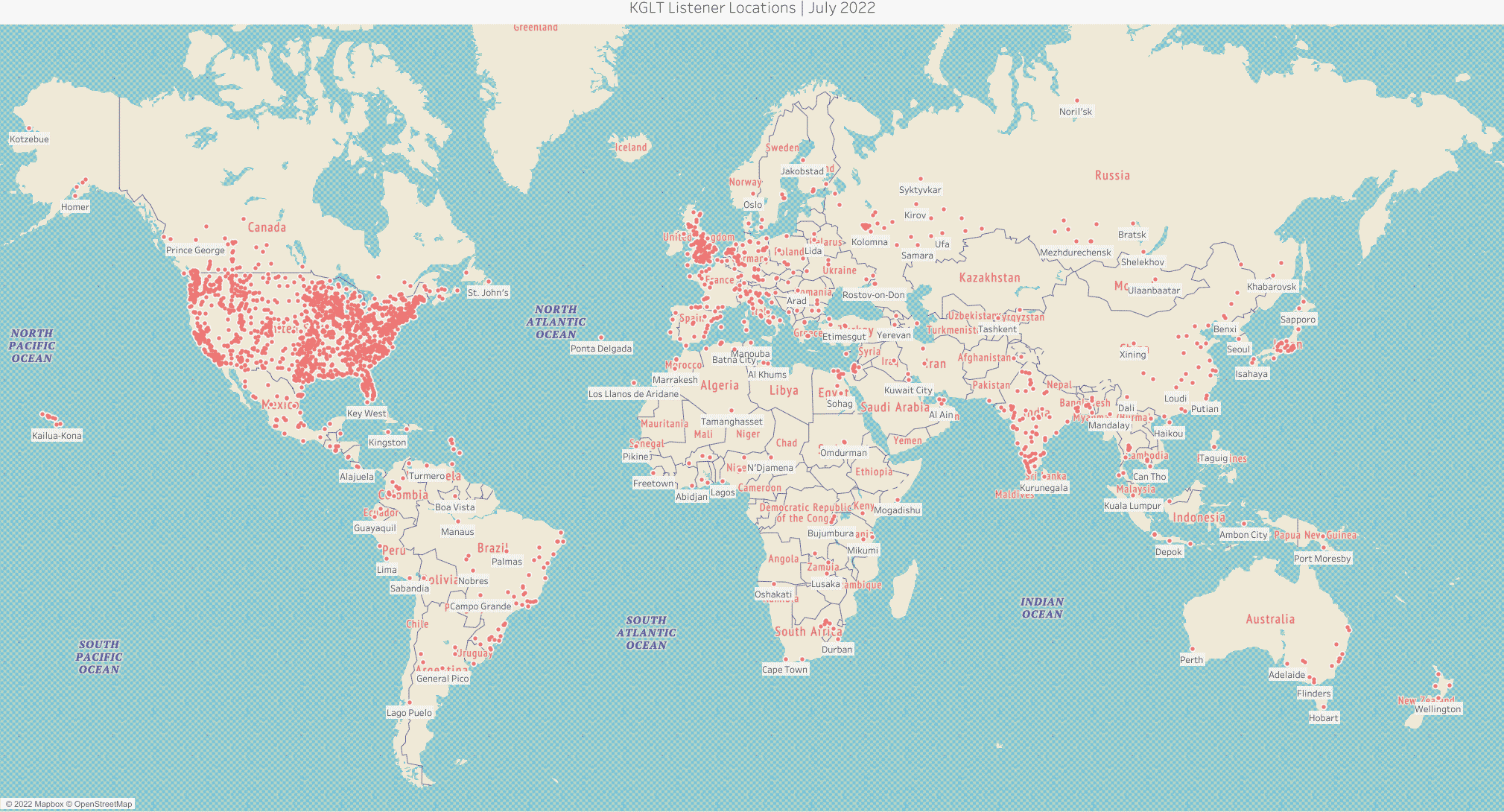 Map of online listener locations around the world