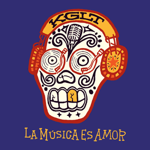 KGLT: La Musica es Amor, with Day of the Dead skeleton face, headphone and turntable eyes.
