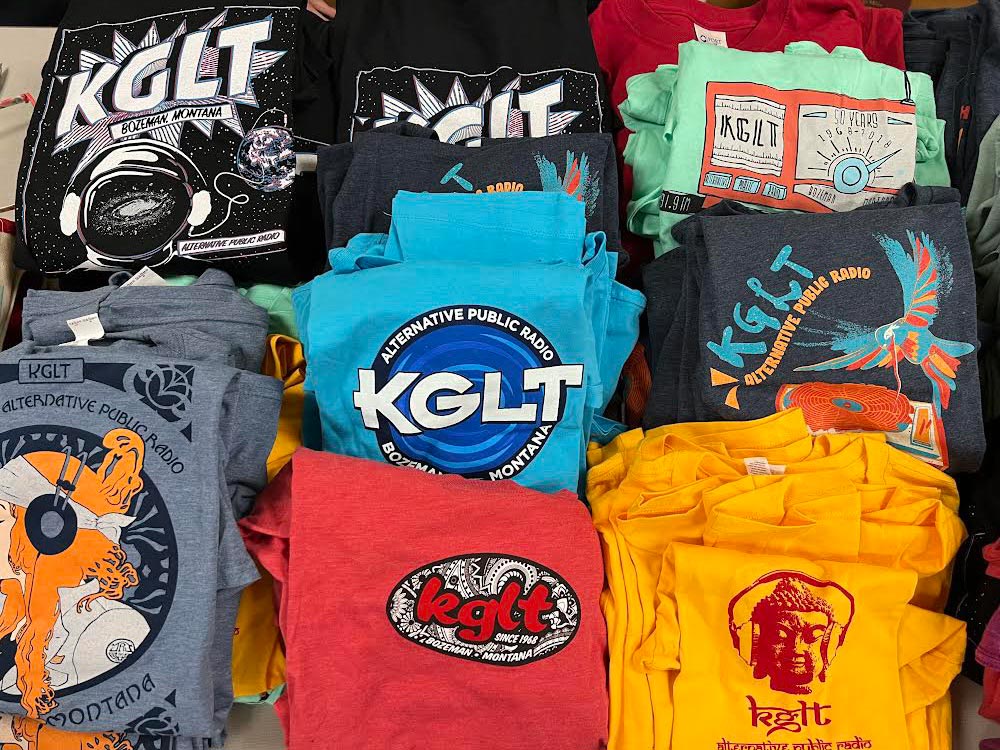 A collection of KGLT tee shirts