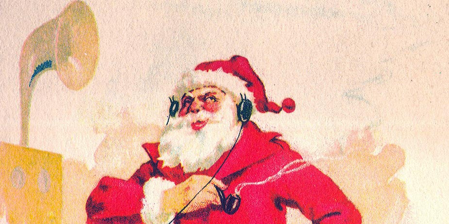 Card with Santa listening to the radio and this poem, title A Radio Christmas Greetng: Listen in on Merriment. Hope you can hear, Station LUCK now Wishing you Good Cheer.